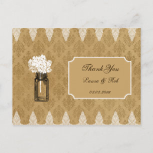hydrangea in mason jar, burlap wedding thank you postcard