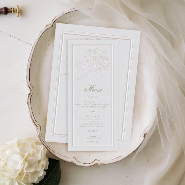 Hydrangea Ivory Frame Formal Elegant Wedding Menu (hydrangeas wedding menu formal traditional elegant modern classic double frame ivory gold)