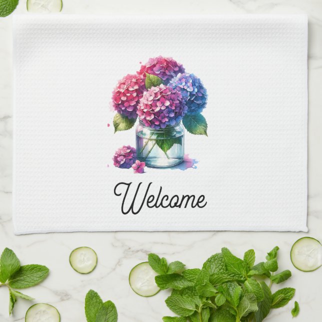 Hydrangea Jar Vase Aquarelle Serviette de cuisine (Plié)