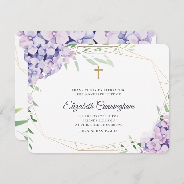 Hydrangea Lilac Floral Geometric Memorial Thank You Card (Front/Back)