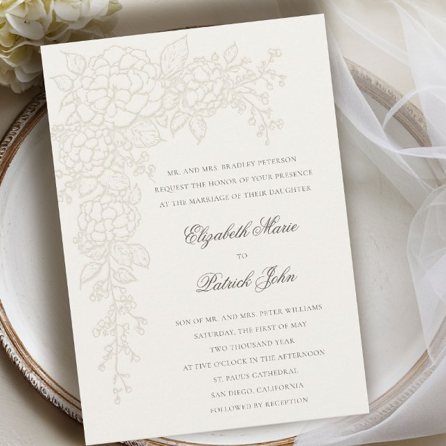 Hydrangea Luminous Ecru 2 Formal Classic Wedding Invitation (hydrangea wedding invitation formal traditional modern classic art sketch parents host ecru 2)