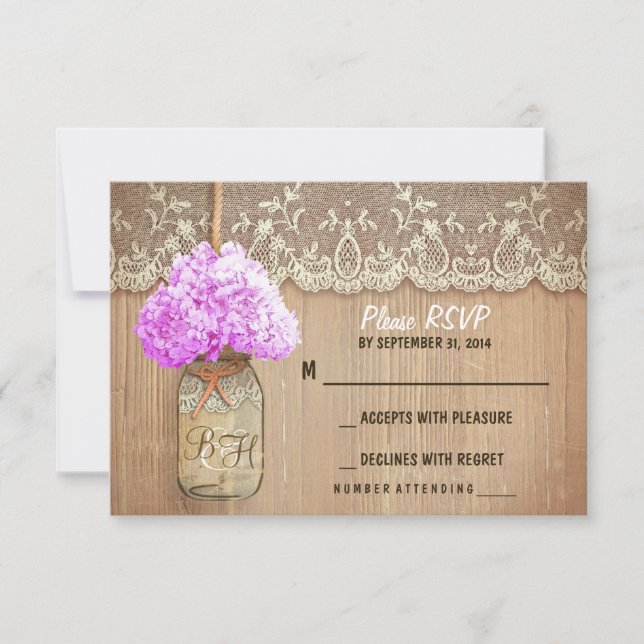 hydrangea mason jar rustic wedding RSVP cards (Front)