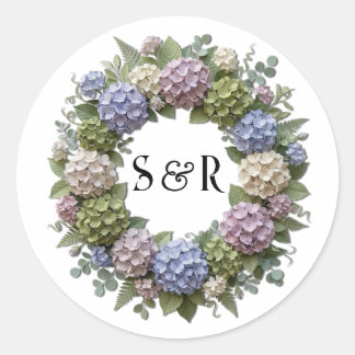 Hydrangea Monogram Wreath Wedding Classic Round Sticker