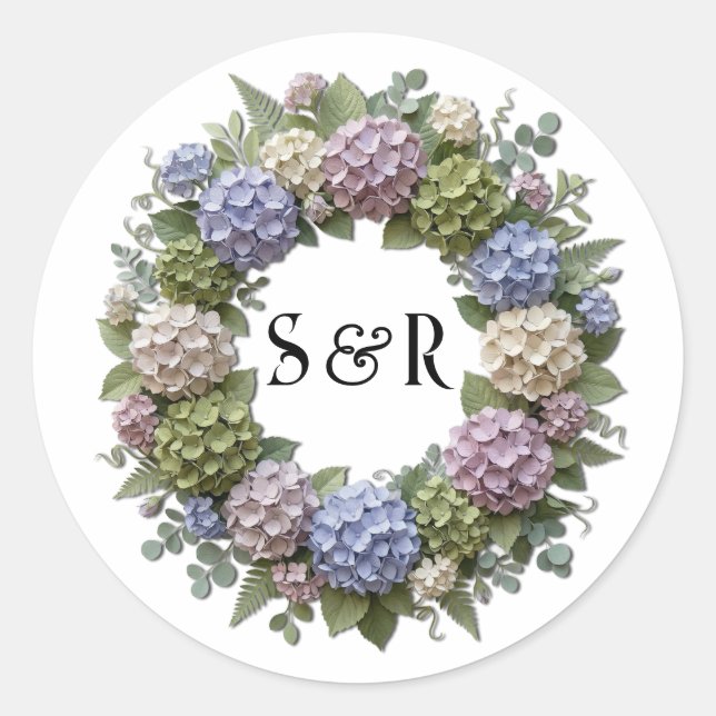 Hydrangea Monogram Wreath Wedding Classic Round Sticker (Front)