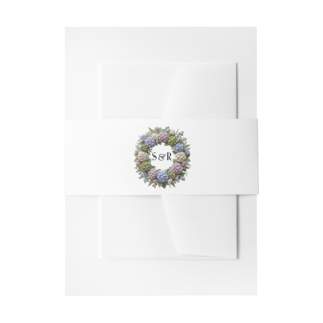 Hydrangea Monogram Wreath Wedding Invitation Belly Band (Front Example)