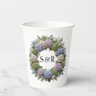 Hydrangea Monogram Wreath Wedding Paper Cups