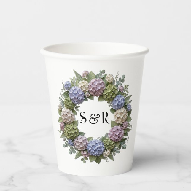 Hydrangea Monogram Wreath Wedding Paper Cups (Front)