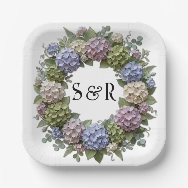 Hydrangea Monogram Wreath Wedding Paper Plate (Front)