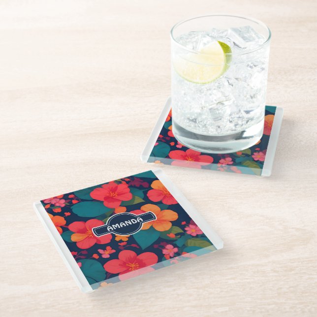 Hydrangea Pastel Colourful Personalized Pattern Glass Coaster (Angled)