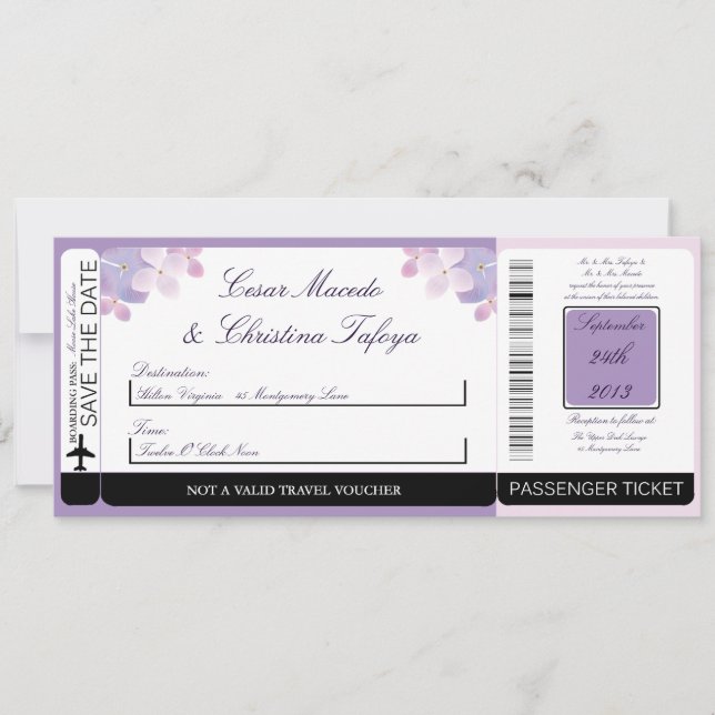 Hydrangea  Purple Boarding Pass Wedding Invitation (Front)