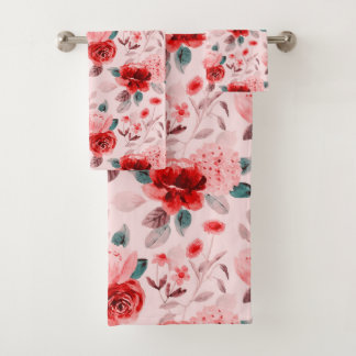 Hydrangea Red Flower Pattern Bath Towel Set