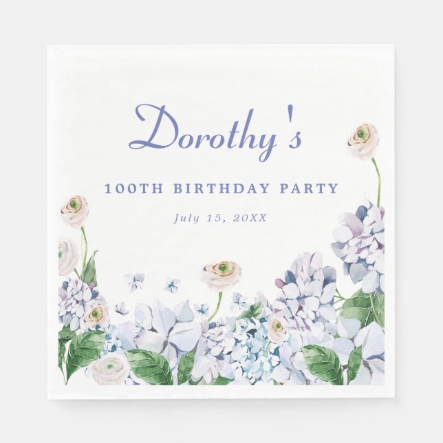 Hydrangea Rose 100th Birthday Personalized Custom Napkin (Front)