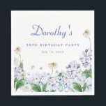 Hydrangea Rose 18th Birthday Personalized Custom Napkin<br><div class="desc">New for Summer 2024. Soft dusty blue and purple hydrangeas mix with soft blush white and wild roses. The birthday celebrant's name is written in an easy-to-read script font. the Birthday year and date follow in a bold traditional serif font. All of the text is editable so you can customize...</div>