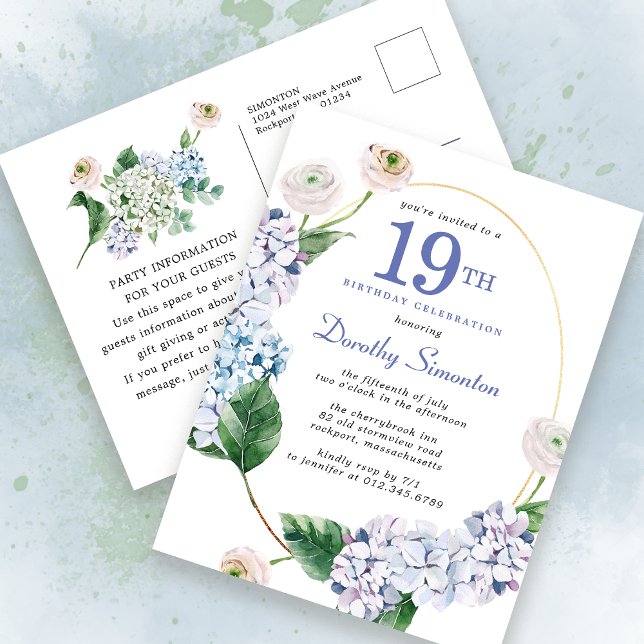 Hydrangea Rose 19th Birthday Summer Invitation Postcard (Creator Uploaded)