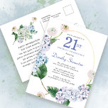 Hydrangea Rose 21st Birthday Summer Invitation Postcard<br><div class="desc">Blue hydrangea flowers and blush rose florals decorate a gold oval frame. An open and airy modern botanical.</div>