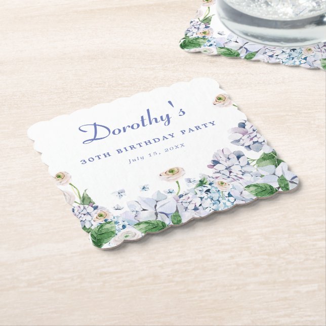 Hydrangea Rose 30th Birthday Personalized Custom Paper Coaster (Angled)