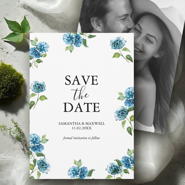 Hydrangea Save The Date With Picture (blue hydrangea save the dates with hand painted watercolor art by Victoria Grigaliunas)