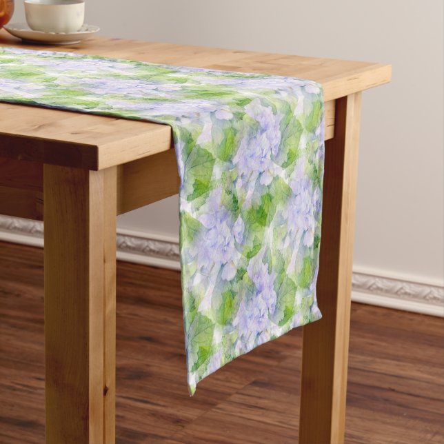 Hydrangea Watercolor Abstract Pattern Short Table Runner (In Situ)