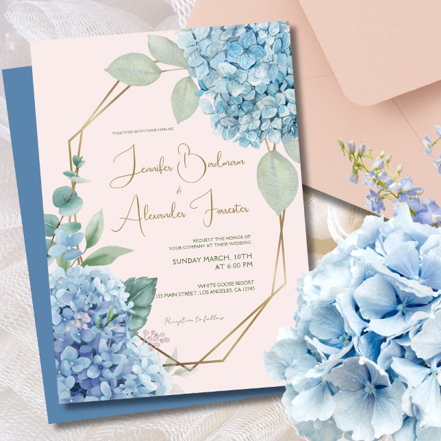 Hydrangea Watercolor Blush Pink Dusty Blue Wedding Invitation (Creator Uploaded)