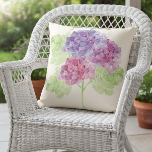 Hydrangea Watercolor Floral Summer Outdoor Pillow