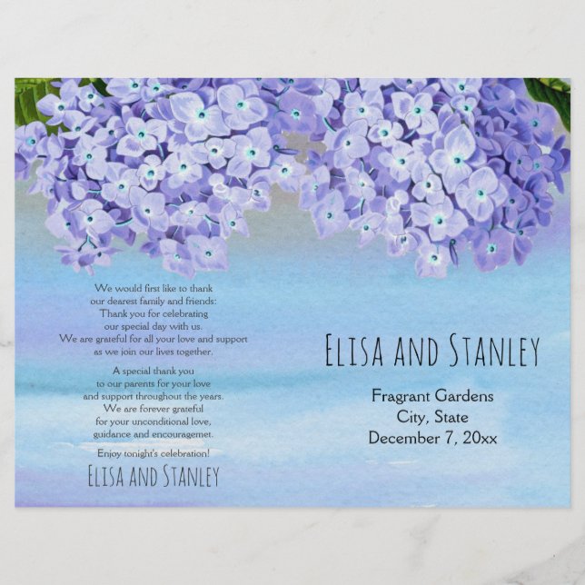 Hydrangea watercolor floral wedding folded program (Front)