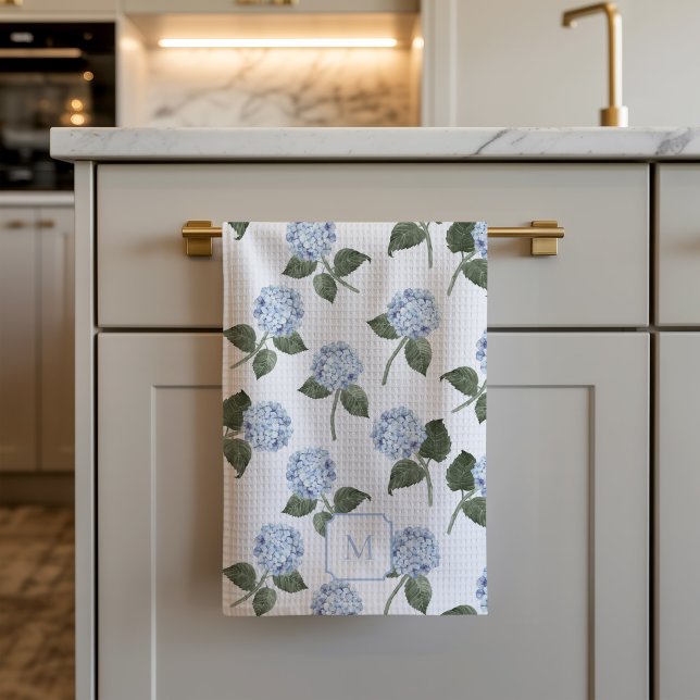 Hydrangea Watercolor Flowers Blue Kitchen Towel (Hydrangea Bloom Blue Kitchen Towel)