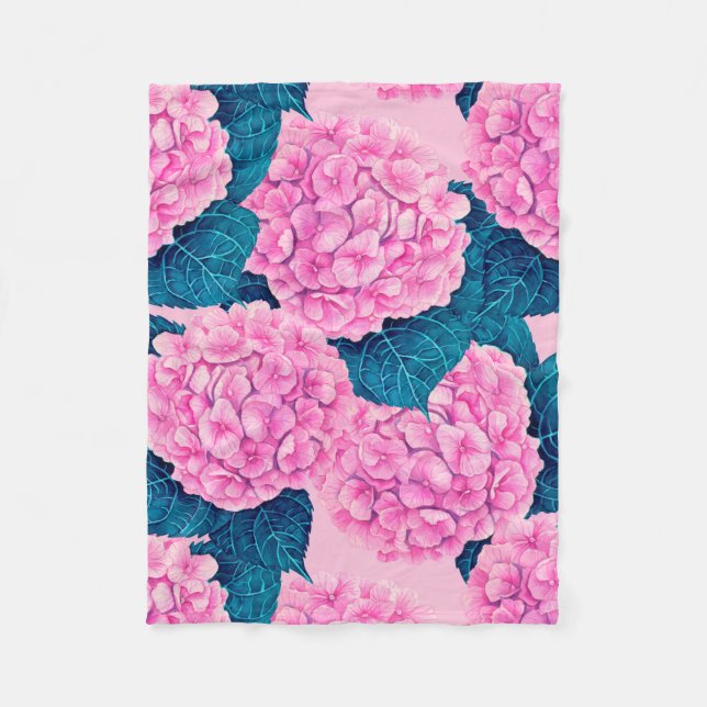 Hydrangea watercolor pattern, pink and blue fleece blanket (Front)