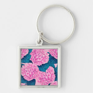 Hydrangea watercolor pattern, pink and blue keychain