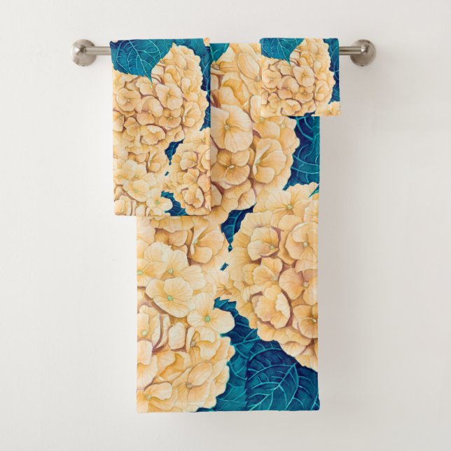 Hydrangea watercolor pattern, yellow and blue bath towel set (Insitu)