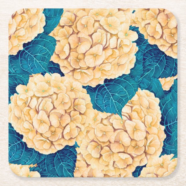 Hydrangea watercolor pattern, yellow and blue square paper coaster (Front)