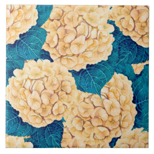 Hydrangea watercolor pattern, yellow and blue tile