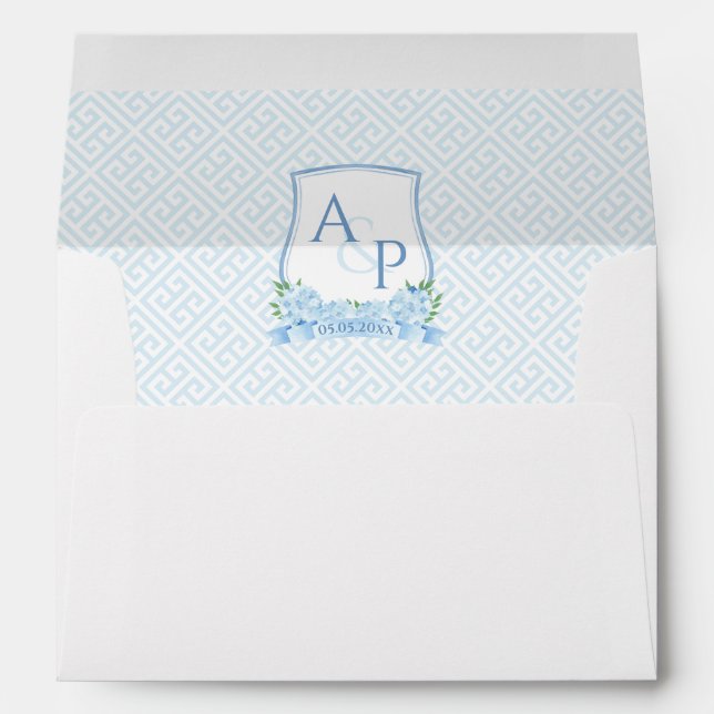 Hydrangea Wedding Crest Monogram Return Address Envelope (Back (Bottom))