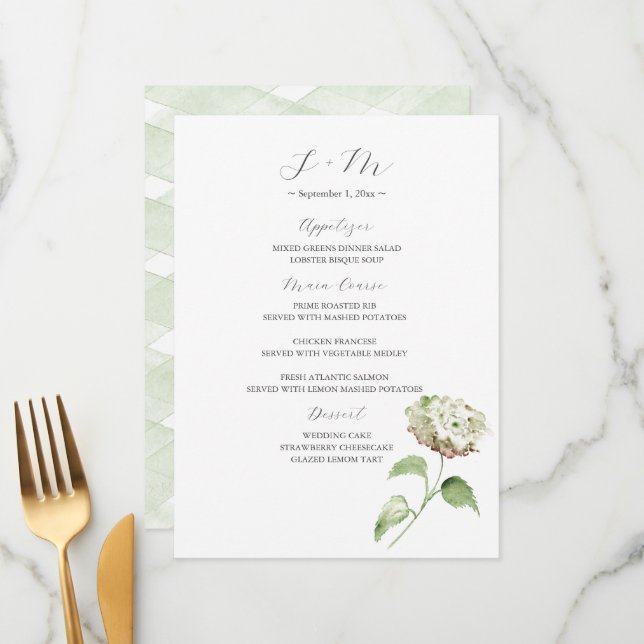 Hydrangea Wedding Table Decor | Menu (Front/Back In Situ)
