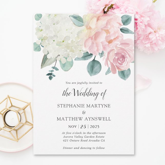Hydrangea White Elegant Dusty Rose Peony Wedding Invitation (Creator Uploaded)