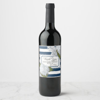 Hydrangea White Floral Modern Elegant Navy Stripe Wine Label