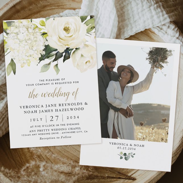 Hydrangea White Rose Garden Greenery Photo Wedding Invitation (Creator Uploaded)