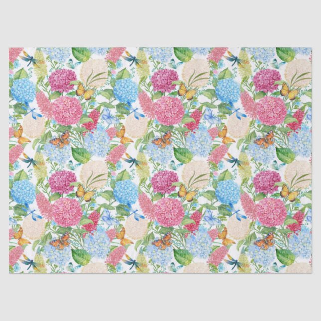 Hydrangeas and butterflies Dragonfly tiled Wedding Tissue Paper (Front)