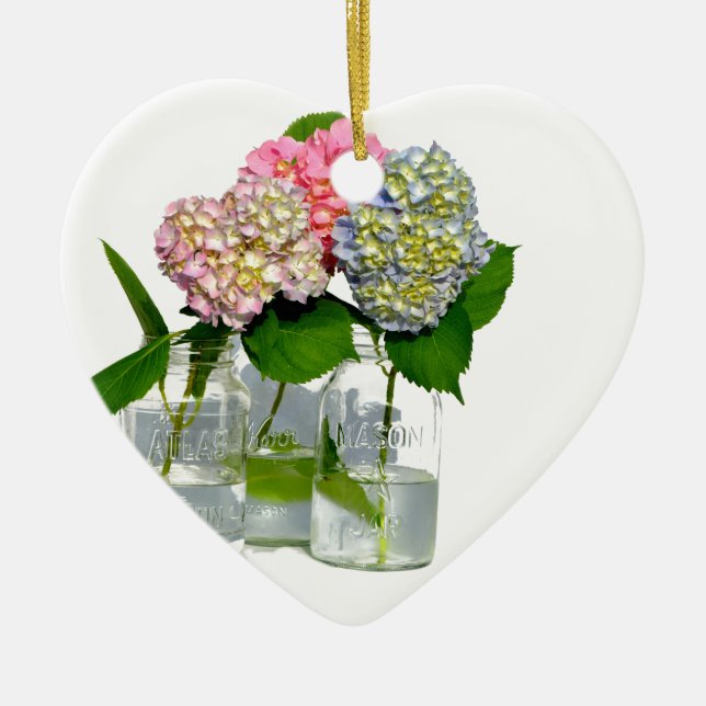 hydrangeas and mason jar ceramic ornament (Front)
