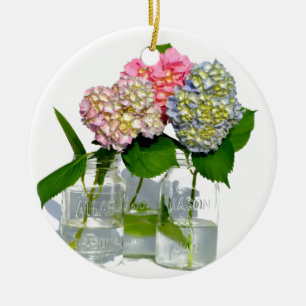 hydrangeas and mason jar ceramic ornament
