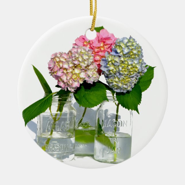 hydrangeas and mason jar ceramic ornament (Front)
