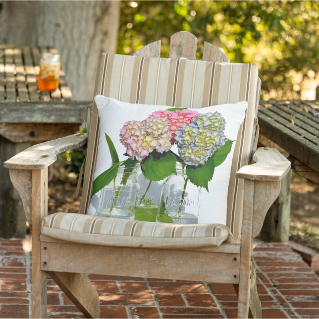 Hydrangeas and Mason jar Outdoor Pillow (Chair)