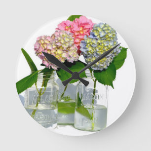 hydrangeas and mason jar round clock