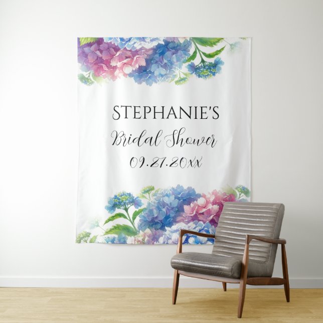 Hydrangeas Blue Floral Bridal Shower Photo Booth Tapestry (In Situ)