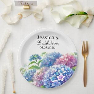 Hydrangeas Blue Flowers Bridal Shower Party Paper Plate