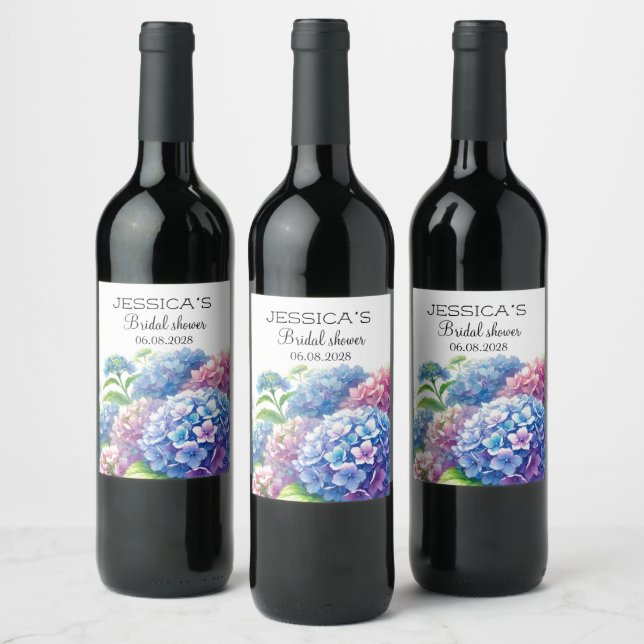 Hydrangeas Blue Flowers  Bridal Shower Party Wine Label (Bottles)