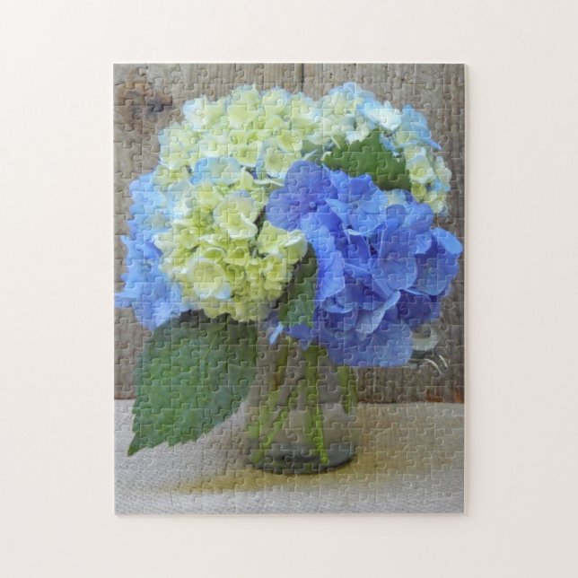 Hydrangeas Blue Mason Jar Floral Photography Jigsaw Puzzle (Vertical)