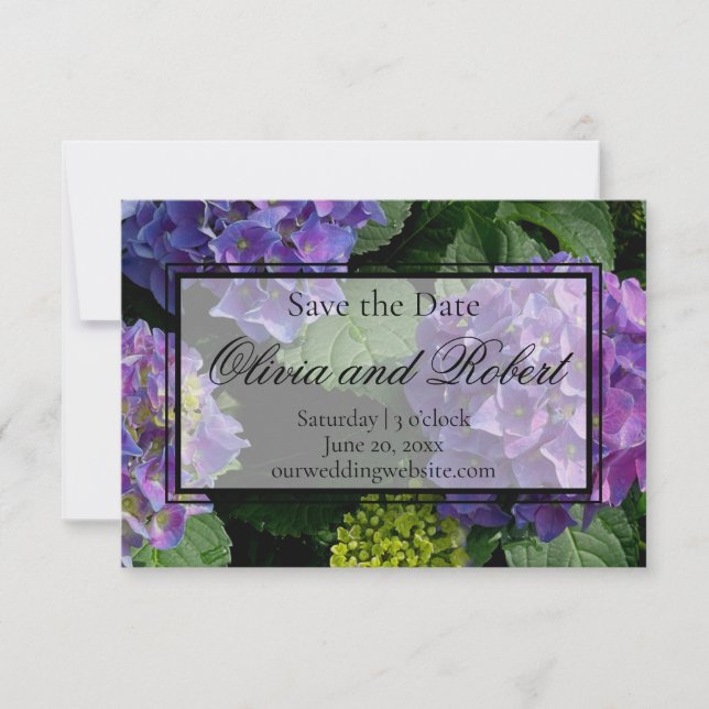 Hydrangeas blue purple floral flower garden save the date (Front)