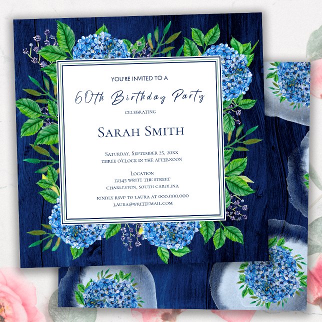 Hydrangeas Blue Rustic Wood 60th Birthday Party Invitation (Creator Uploaded)