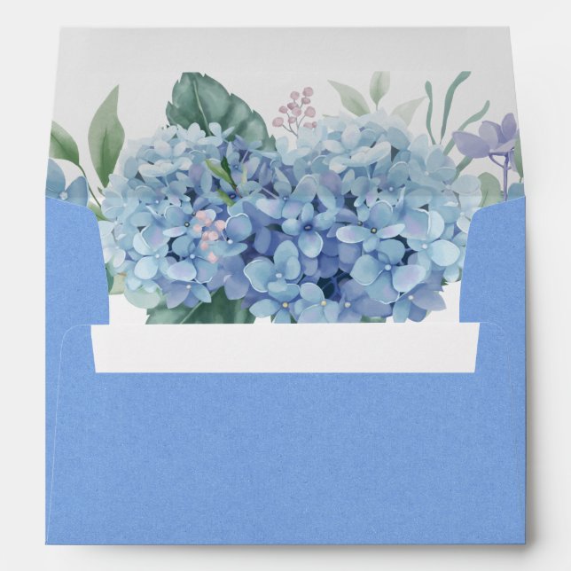 Hydrangeas Blue Watercolor Enveloppe Mariage flora (Dos (Bas))