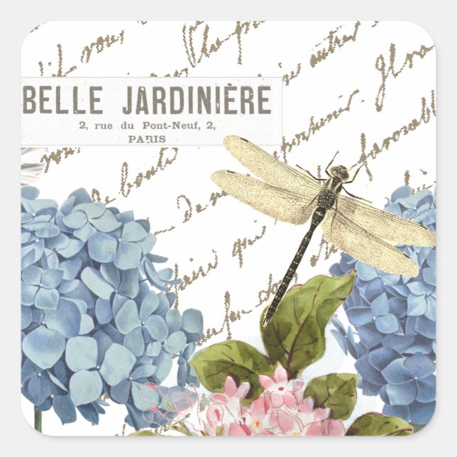 Hydrangeas Dragonfly French Script Garden Square Sticker (Front)
